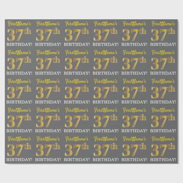 Gray, Imitation Gold Look "37. BIRTHDAY" Geschenkpapier (Flach)
