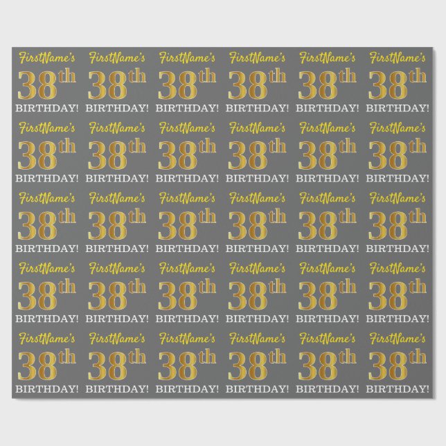Gray, Imitation Gold Look "38. BIRTHDAY" Geschenkpapier (Flach)