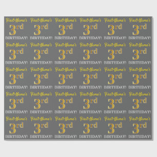 Gray, Imitation Gold Look "3. BIRTHDAY" Geschenkpapier