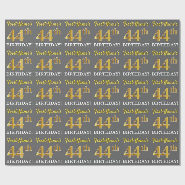Gray, Imitation Gold Look "44. BIRTHDAY" Geschenkpapier (Flach)