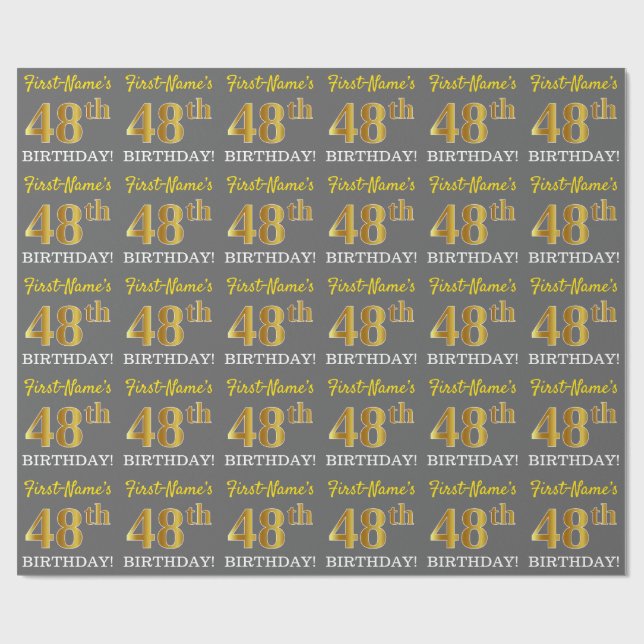 Gray, Imitation Gold Look "48. BIRTHDAY" Geschenkpapier (Flach)