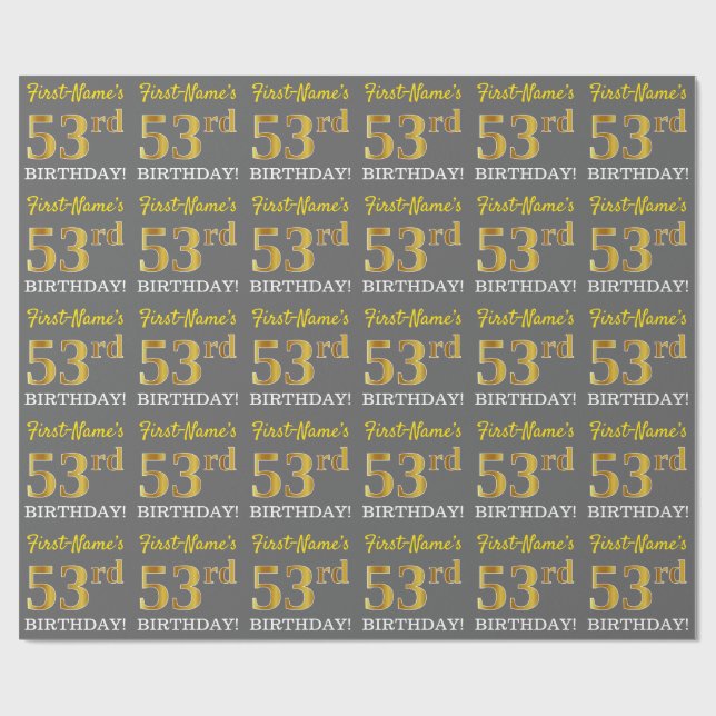 Gray, Imitation Gold Look "53. BIRTHDAY" Geschenkpapier (Flach)