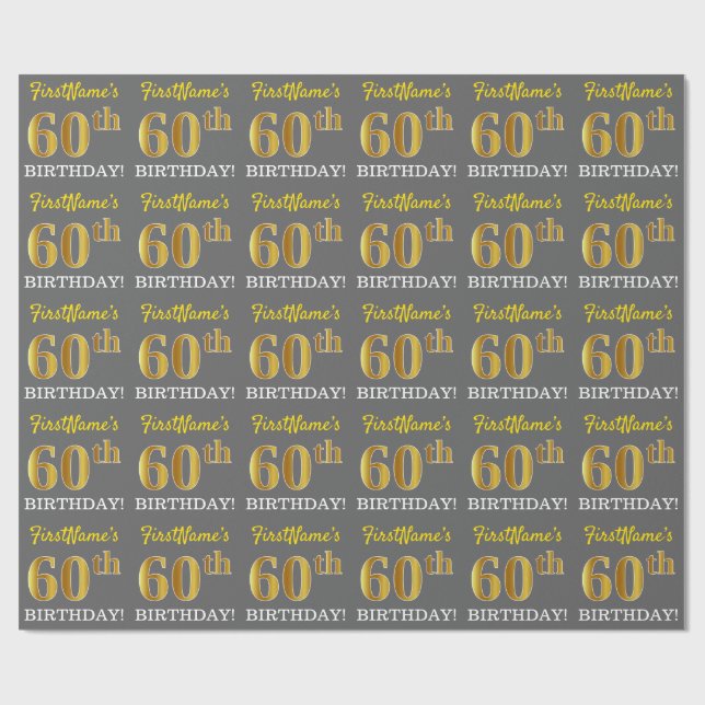 Gray, Imitation Gold Look "60. GEBURTSTAG" Geschenkpapier (Flach)