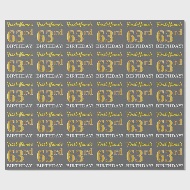 Gray, Imitation Gold Look "63. BIRTHDAY" Geschenkpapier (Flach)