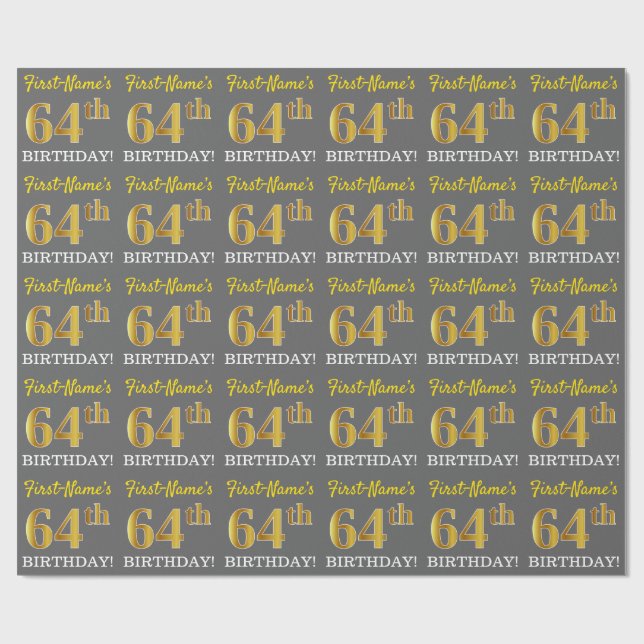 Gray, Imitation Gold Look "64. BIRTHDAY" Geschenkpapier (Flach)
