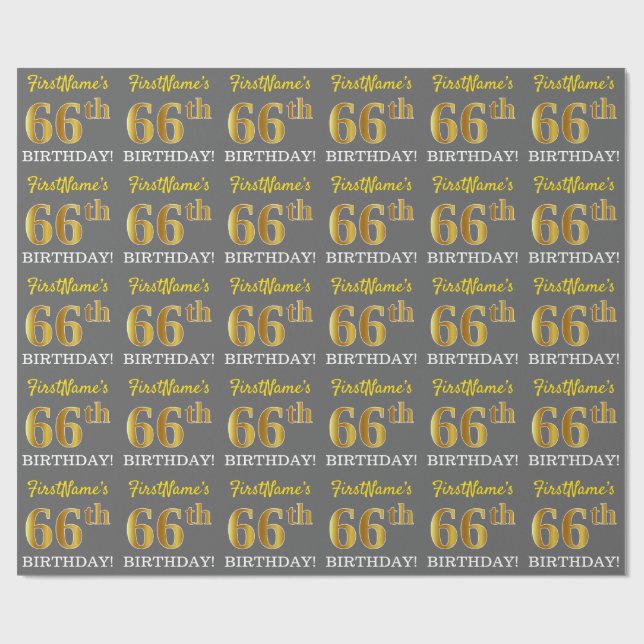 Gray, Imitation Gold Look "66. BIRTHDAY" Geschenkpapier (Flach)