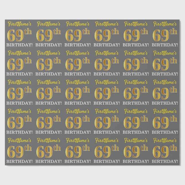 Gray, Imitation Gold Look "69. BIRTHDAY" Geschenkpapier (Flach)