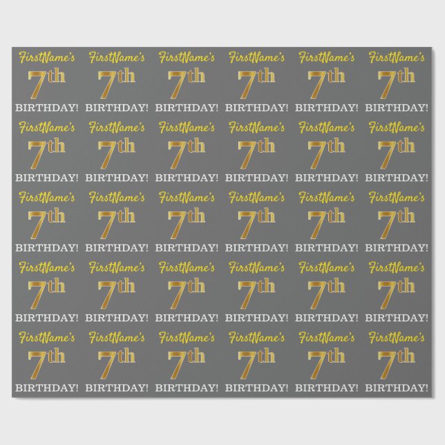 Gray, Imitation Gold Look "7. BIRTHDAY" Geschenkpapier (Flach)