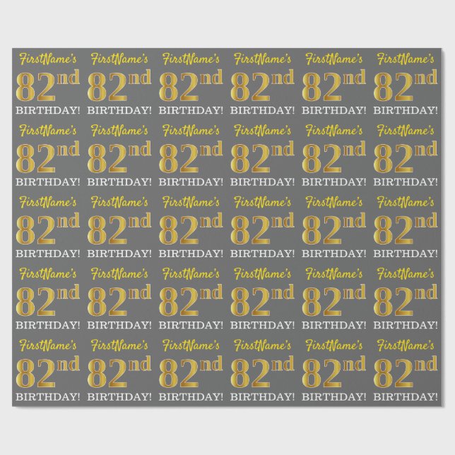 Gray, Imitation Gold Look "82. BIRTHDAY" Geschenkpapier (Flach)