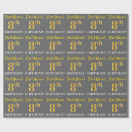 Gray, Imitation Gold Look "8. BIRTHDAY" Geschenkpapier