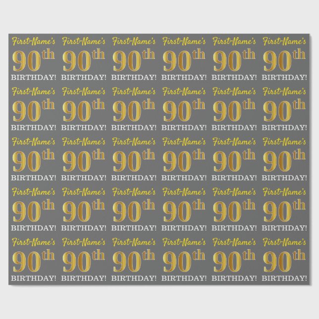 Gray, Imitation Gold Look "90. GEBURTSTAG" Geschenkpapier (Flach)