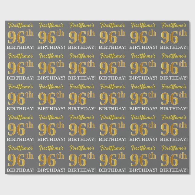 Gray, Imitation Gold Look "96. BIRTHDAY" Geschenkpapier (Flach)