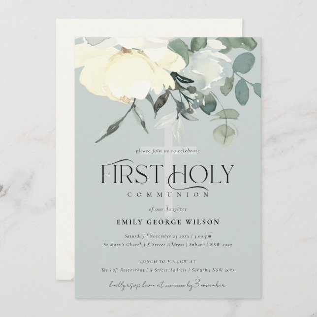 GRAY IVORY WHITE AQUA FLORAL First HOLION Einladung (Vorne/Hinten)