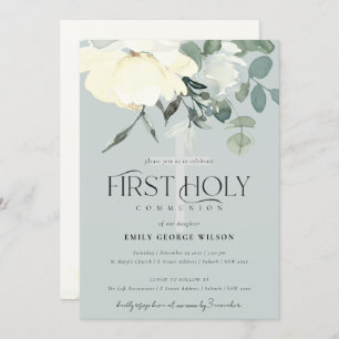 GRAY IVORY WHITE AQUA FLORAL First HOLION Einladung