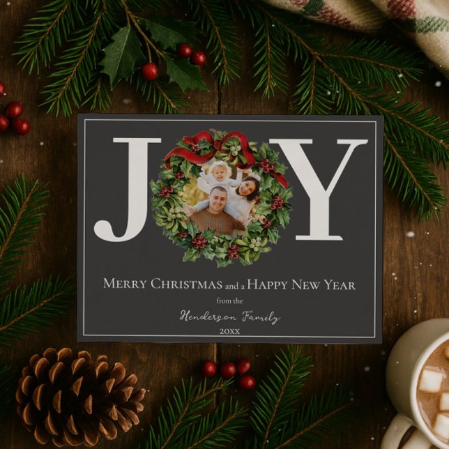 Gray Joy Christmas Wreath Foto Feiertagskarte (Gray Joy Christmas Wreath Photo Holiday Card)