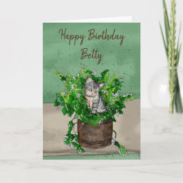 Gray Kitten sitzt in einem Topf Catnip Geburtstag Karte