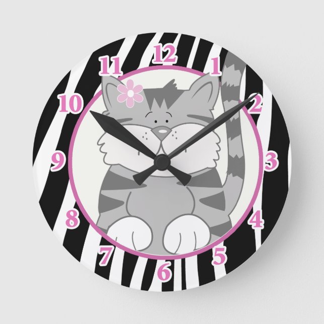 Gray Kitten Wall Clock mit Zebra Stripe Runde Wanduhr (Vorderseite)