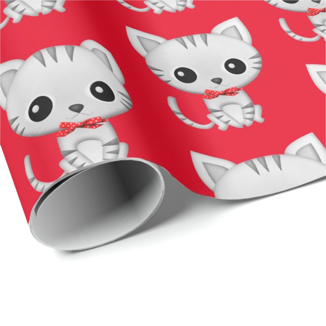 Gray kitty auf rot geschenkpapier (Rolleneckpunkt)