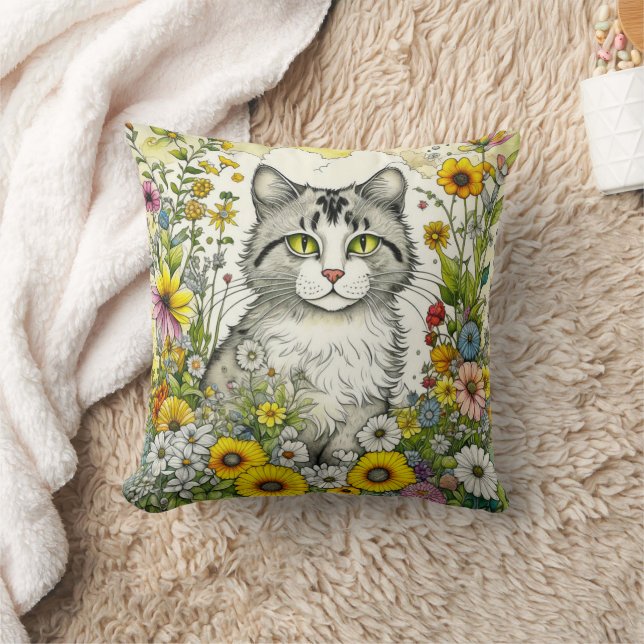 Gray Kitty Cat Sitzen in Blume Kissen (Decke)