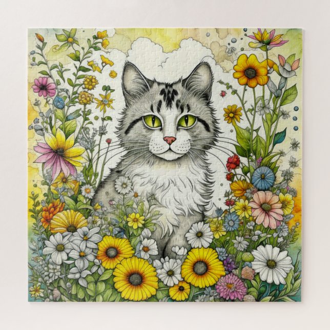Gray Kitty Cat Sitzen in Blume Puzzle (Horizontal)
