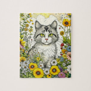 Gray Kitty Cat Sitzen in Blume Puzzle
