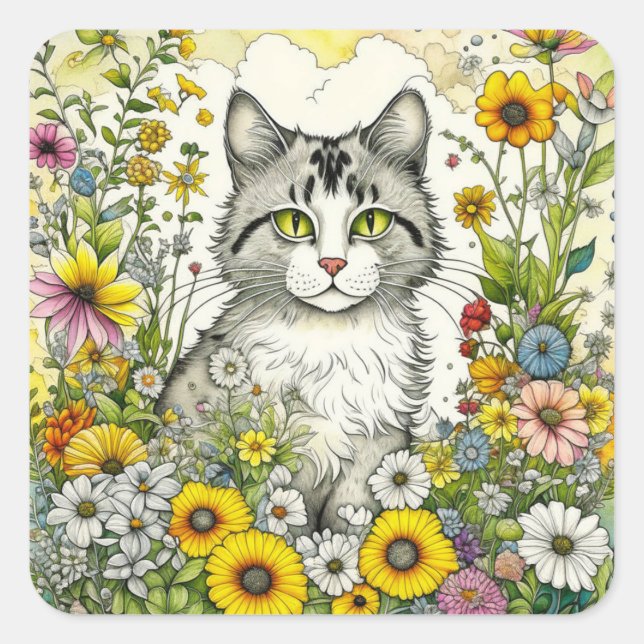 Gray Kitty Cat Sitzen in Blume Quadratischer Aufkleber (Vorderseite)
