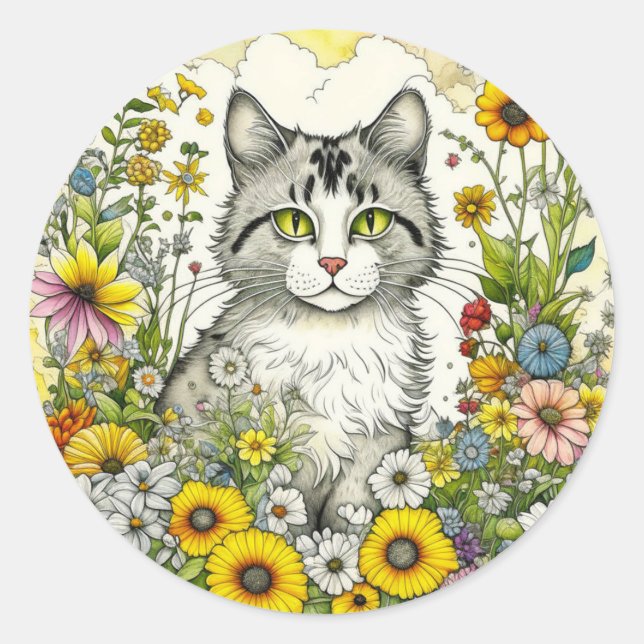 Gray Kitty Cat Sitzen in Blume Runder Aufkleber (Vorderseite)