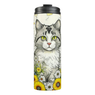 Gray Kitty Cat Sitzen in Blume Thermosbecher