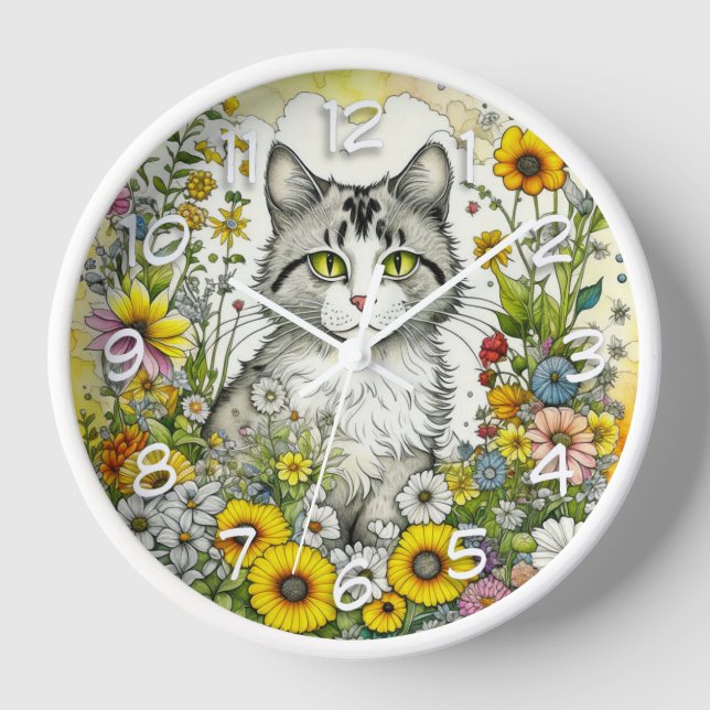 Gray Kitty Cat Sitzen in Blume Uhr (Vorderseite)