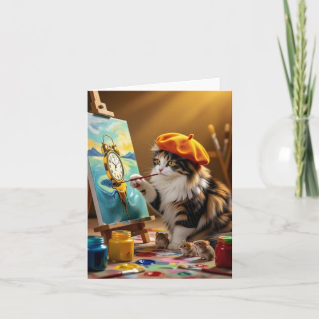 Gray Kitty Painting Clock Dankeskarte (Vorderseite)