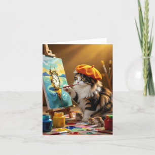Gray Kitty Painting Clock Dankeskarte