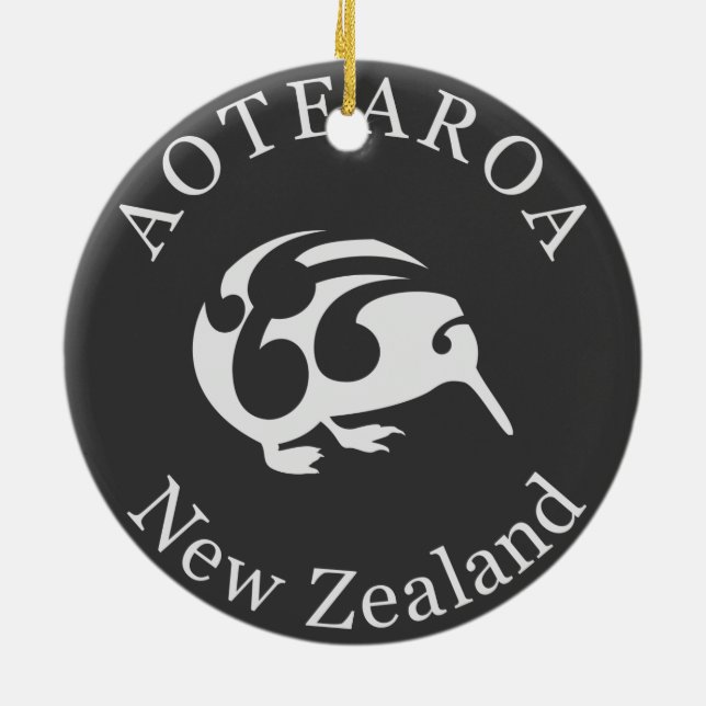 Gray Kiwi mit Koru, Aotearoa, Neuseeland Keramikornament (Hinten)