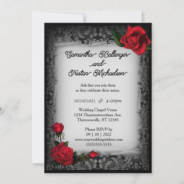Gray Lace and Rose Parchment Goth Wedding Einladung (Vorderseite)