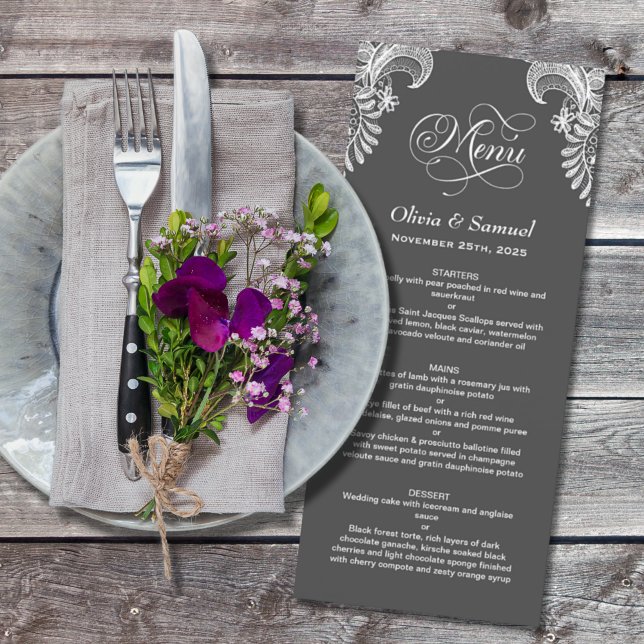 Gray Lace Wedding Menu Menükarte (Von Creator hochgeladen)