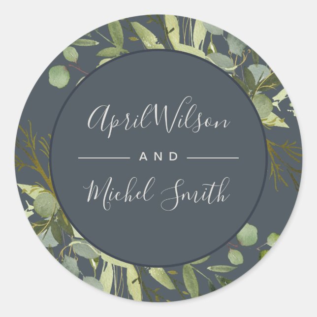 GRAY LEAFY GREEN GOLD FOLIAGE WATERCOLOR WEDD RUNDER AUFKLEBER (Vorderseite)