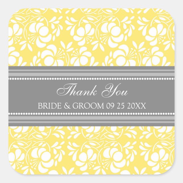 Gray Lemon Damask Vielen Dank Gastgeschenk Hochzei Quadratischer Aufkleber (Vorderseite)