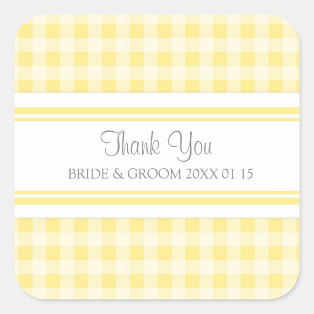 Gray Lemon Gingham Vielen Dank für Ihre Hochzeit F Quadratischer Aufkleber (Vorderseite)