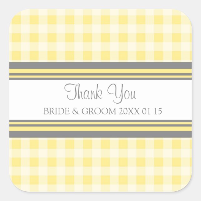 Gray Lemon Gingham Vielen Dank für Ihre Hochzeit F Quadratischer Aufkleber (Vorderseite)