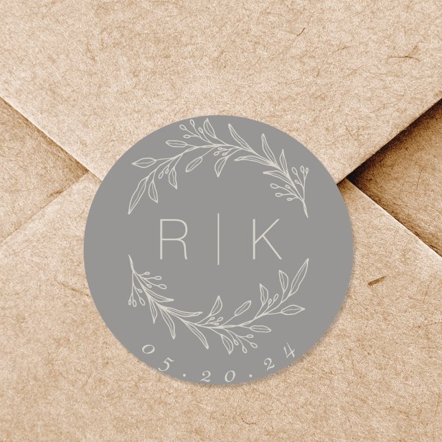 Gray Line Art Botanical Wreath Wedding Monogram Runder Aufkleber (Von Creator hochgeladen)