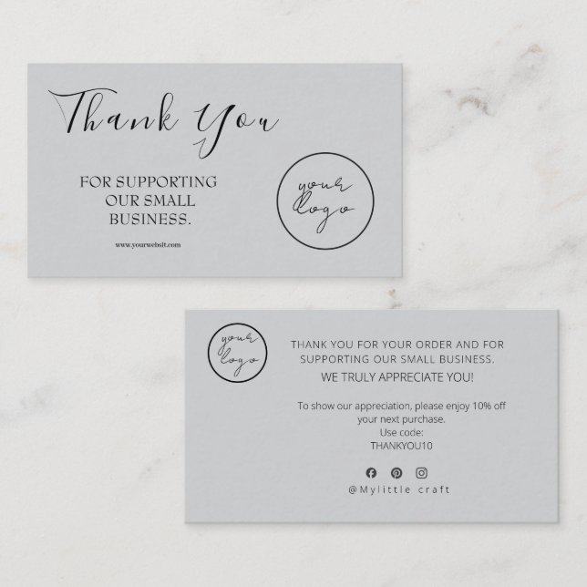 Gray Logo Script Thank You Card Discount Business Visitenkarte (Vorne/Hinten)