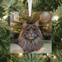 Gray Maine Coon Glass Ornament