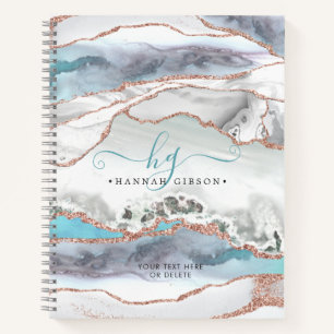 Gray Marble Rose Gold Glitzer Aquamarines Script M Notizbuch