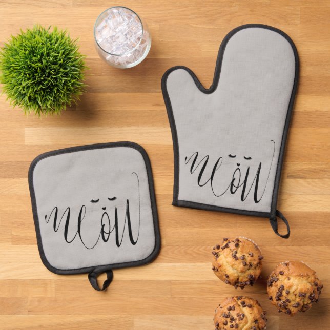 Gray Meow Cat Ofenhandschuh & Topflappen-Set (Oben Unten)