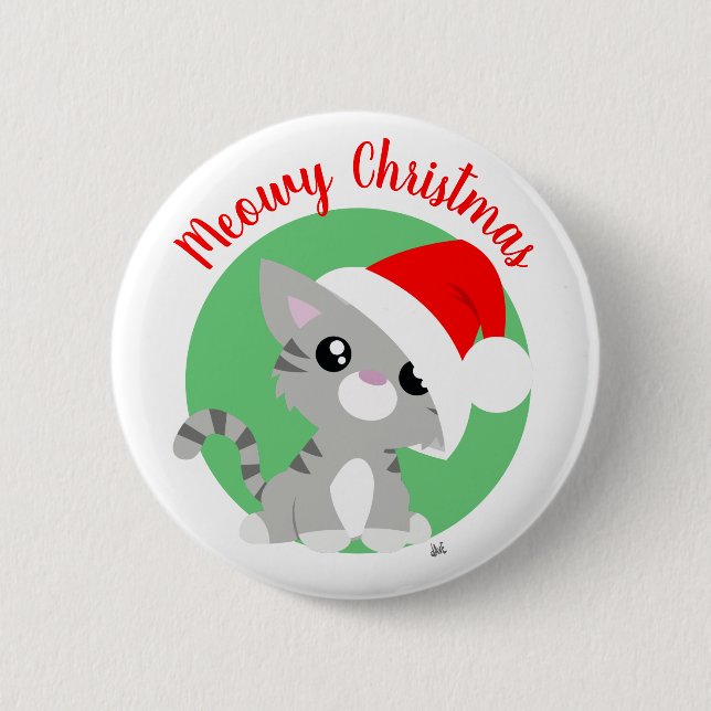 Gray Meowy Christmas Kitty Button (Vorderseite)