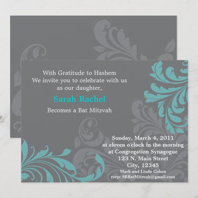 Gray Metalic Damask - blaue Einladung (Vorne/Hinten)