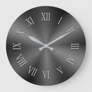 Gray Metallic Clock with Patterned Roman Numbers Große Wanduhr