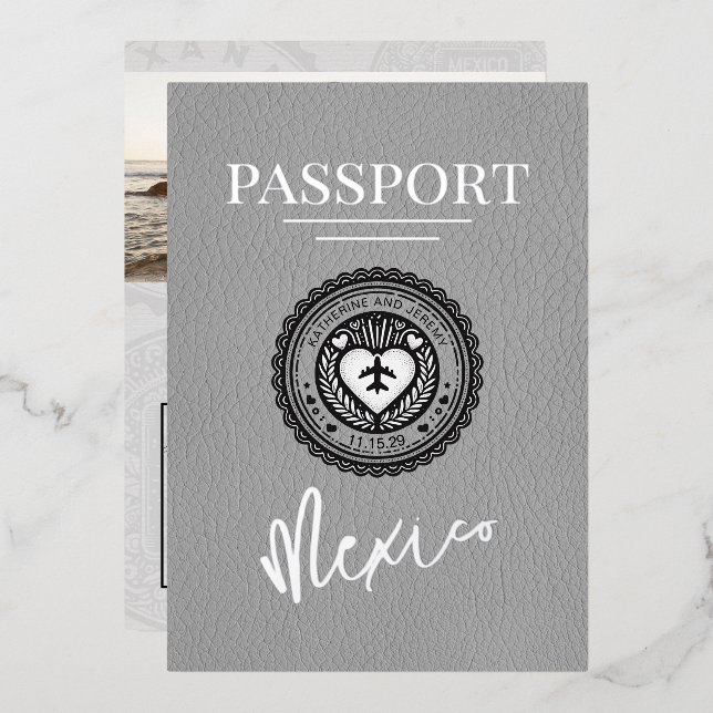 Gray Mexico Passport Wedding Folieneinladung (Vorderseite/Rückseite)