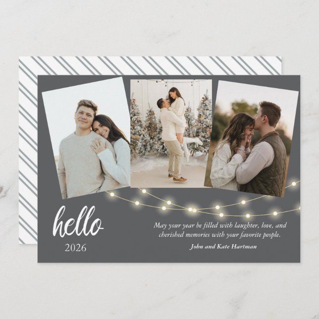 Gray Minimalist Hello New Year Photo Collage (Vorne/Hinten)