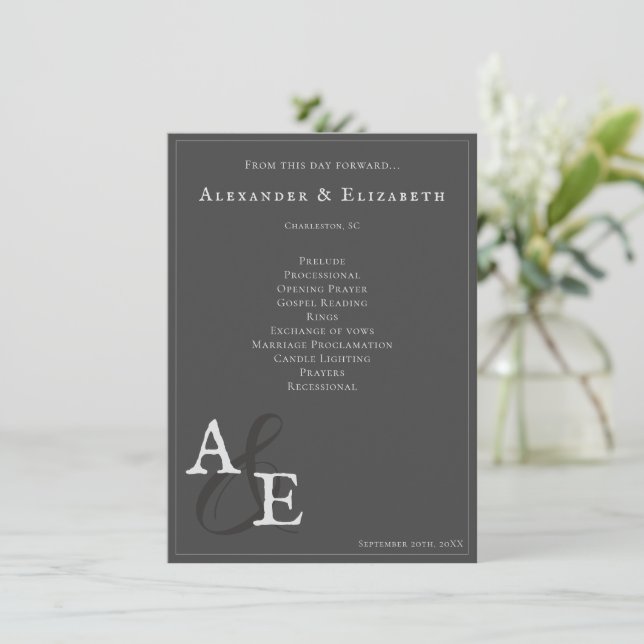 Gray Minimalistisch Monogram Wedding Program (Stehend Vorderseite)