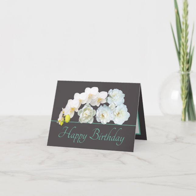 Gray Mint Bouquet White Blume Happy Birthday Karte (Vorderseite)